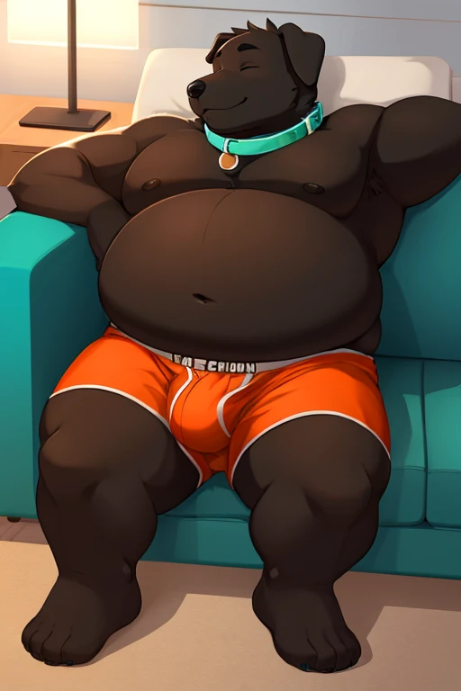 A chubby anthropomorphic shirtless black lab with a big belly wearing orange tiny boxers and a teal collar sleeping on a couch, full body, solo,