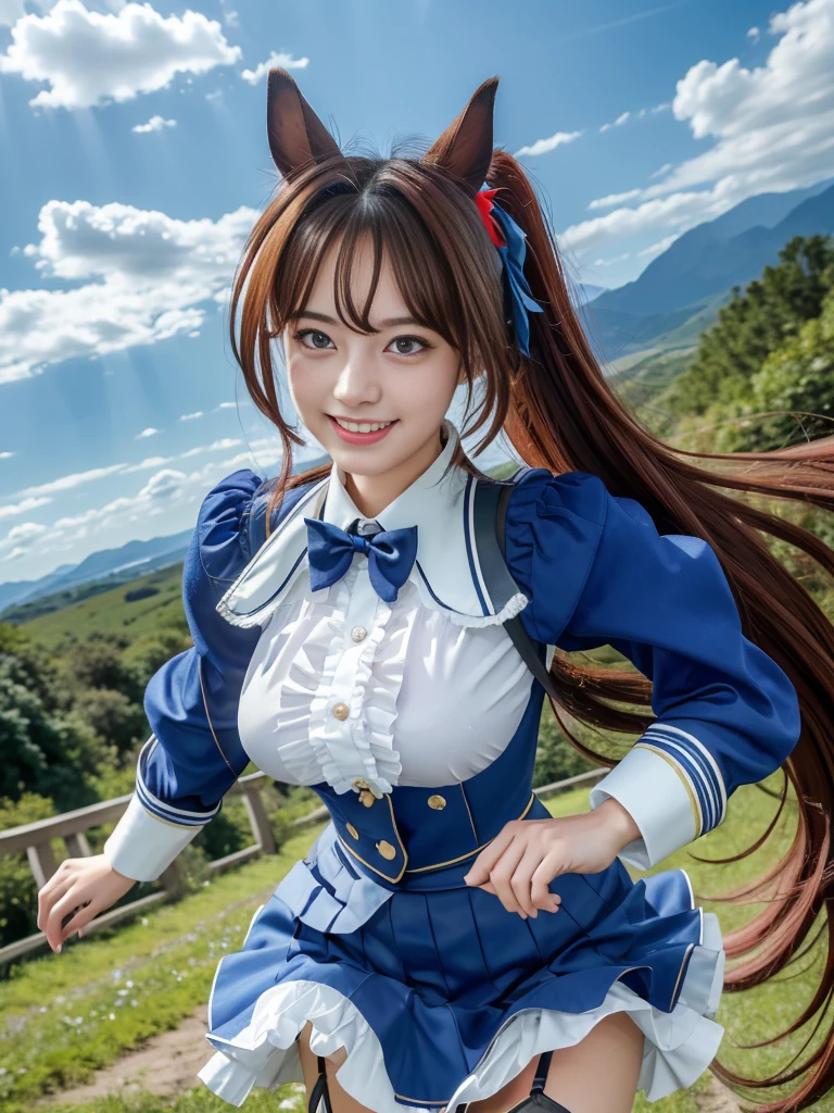 (Highest quality, 16K, masterpiece:1.55), Ultra detailed face, Detailed lips, Detailed eyes, detailed skin, double eyelid,
BREAK (looking at view:1.5), (Happy smile), (running:1.6), (dynamic pose:1.3), (dynamic angle:1.3),
BREAK 1girl, 18years old, (Oversized Breasts), (big hips:1.35), (Svelte Body, Hourglass figure:0.5),
BREAK daiwa scarlet, brown hair, hair intake, (red eyes:1.5), long hair, twintails, animal ears, horse girl,
BREAK Tiara, Horse tail, Epaulettes, Garter Straps, Long sleeve, Red eyes, bow tie, Puff sleeves, Blue jacket, White knee socks, Center frill, White shirt, White Skirt, Blue Skirt, Hair Ribbon,
BREAK , nature, A vast world, Bright Sky, Cloudy,