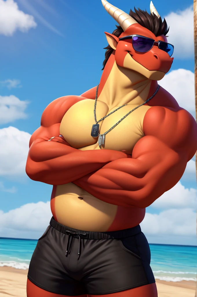 Dragon, male, solo, beach, shirtless , black shorts, sick shades, big body, hot male, arms crossed, 4k, 8k, dog tag
