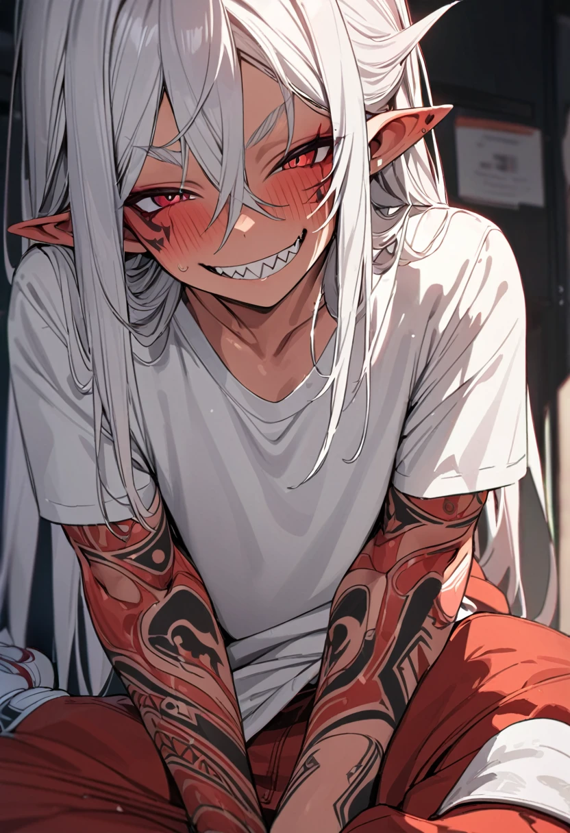 Boy, white hair, long straight hair, red eyes, wild smile, sharp teeth, pointed ears, fair skin, long black coat, white shirt, red pants, white sneakers, red tribal tattoos on arms, red facial tattoo, high details, high quality, anatomically correct, HD, 4K