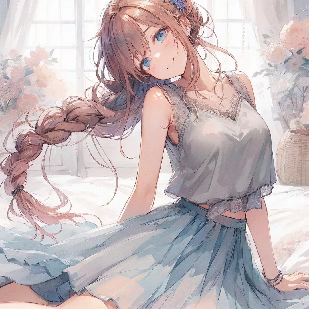 Official art using high-quality hand-drawn watercolor sketch techniques. (best quality,4k,8k,highres,masterpiece:1.2),ultra-detailed,beautiful detailed eyes,A girl with beautiful eyes, everyone, beautiful anime girl, cute anime girl, smooth anime art, anime style, elegant colors, soft lighting, delicate beautiful eyes, very coquettish, (beautiful large breast:1.2), (correct hands:1.2),