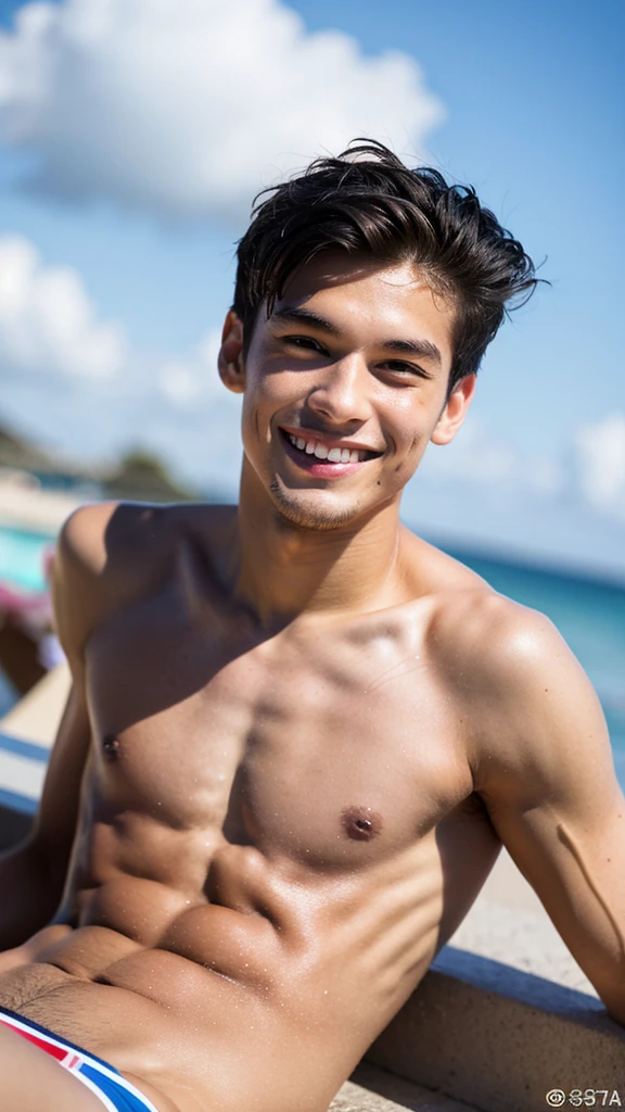 male Age 24 swimwear topless smile