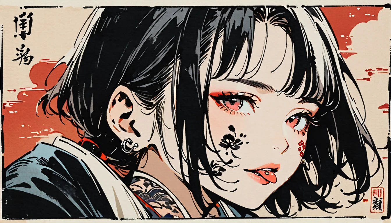 Ink Painting, (((1 girl))), (((Tattoo on face))), (((Tongue piercing))), Japanese style headphones, face close-up, Japanese beautiful girl, Black Hair, Delicate and precise, Modern ukiyo-e style