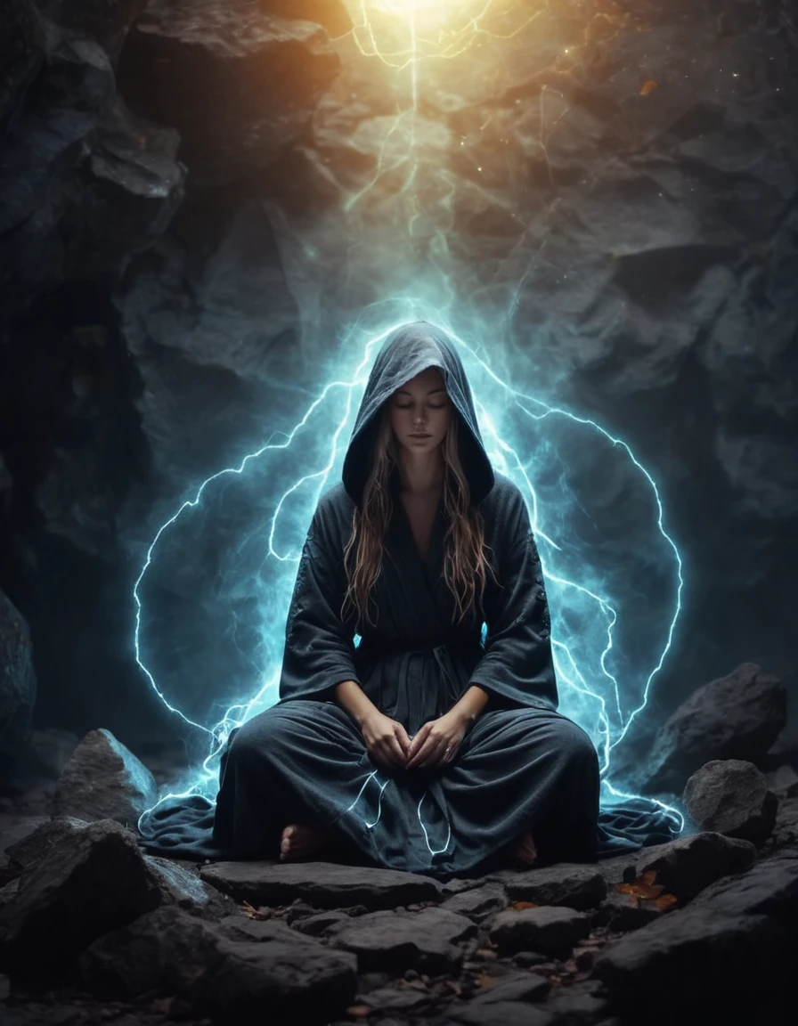 ethereal fantasy concept art of (Long exposure photorealistic art), speed effect, Blurred motion, streaks of light, surreal, dreamy, ghosting effect, highly detailed, a Scandinavian völva woman dressed in a dark long robe with hood sits on her knees in front of a dark stone, decorated along the contour with neon runes, softly glowing with amber light from within, an atmosphere of mystery, in the halls of deep sleep, she casts a spell with her arms spread apart, a magical aura, side view, darkness around, mysterious white volumetric fog, flying particles, dark shot: 1.17, dark sky, mysterious white volumetric fog, flying particles, (magical aura around the stone, glowing runes in the air), dark shot:1.17, dark fantasy, surreal:1.5, tilt-shift effect, perfectly drawing hands, magnificent, celestial, ethereal, painterly, epic, majestic, magical, fantasy art, cover art, dreamy, legenddarkfantasy,