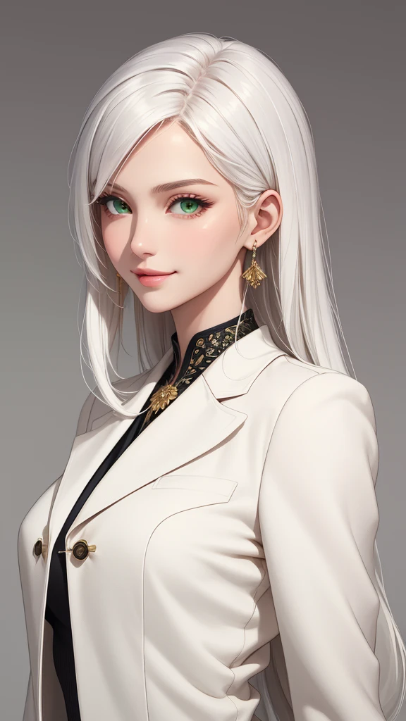 (masterpiece, Best quality), intricate details, thin, ((Slender)), beautiful girl, white hair, green eyes, sharp chin line, White coat, Long hair, lips, upper body, close-up, Smirk