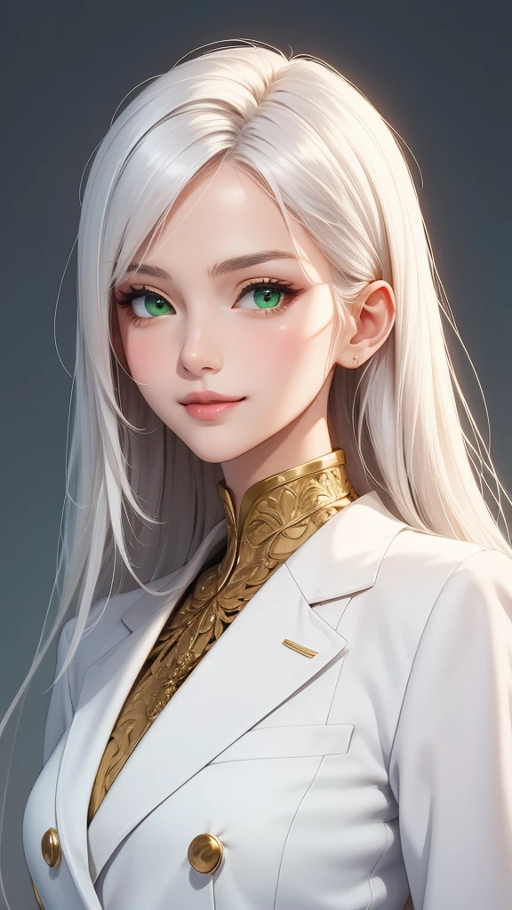 (masterpiece, Best quality), intricate details, thin, ((Slender)), beautiful girl, white hair, green eyes, sharp chin line, White coat, Long hair, lips, upper body, close-up, Smirk