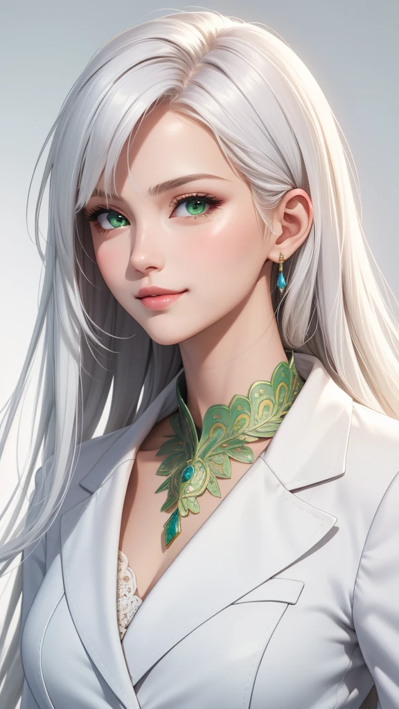 (masterpiece, Best quality), intricate details, thin, ((Slender)), beautiful girl, white hair, green eyes, sharp chin line, White coat, Long hair, lips, upper body, close-up, Smirk