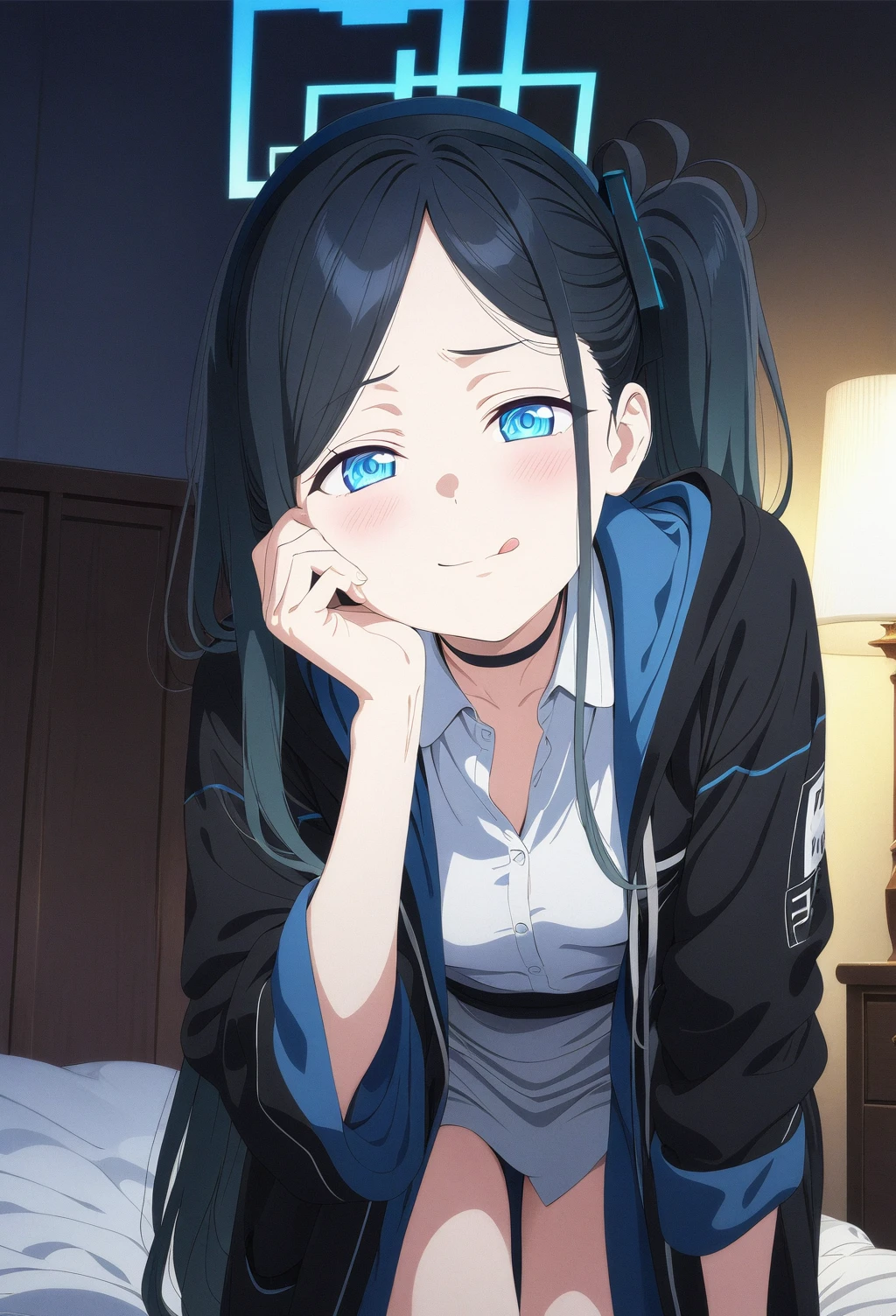 best quality, amazing quality, very aesthetic, absurdres, (1girl, aris (blue archive), blue archive, blue eyes, black hair, small breasts), (realistic face:0.9),(robe:1.8), (licking own lips, night, thigh:1.3), (cowboy shot), (glowing eyes), (half closed eyes:0.9), (from above0.7), (official art:1.3), (bent over, hand on own cheek, all fours:1.4), (blush), expressive eyes, perfect face, 4k, extremely detailed anime illustration, extremely detailed eyes, perfect anatomy, light rays, extremely delicate body, smooth skin, (bedroom background:1.5), clear eyes, beautiful face, smiling at viewer, (anime style:1.7), (cinematic Light:1.5), (highres:2),