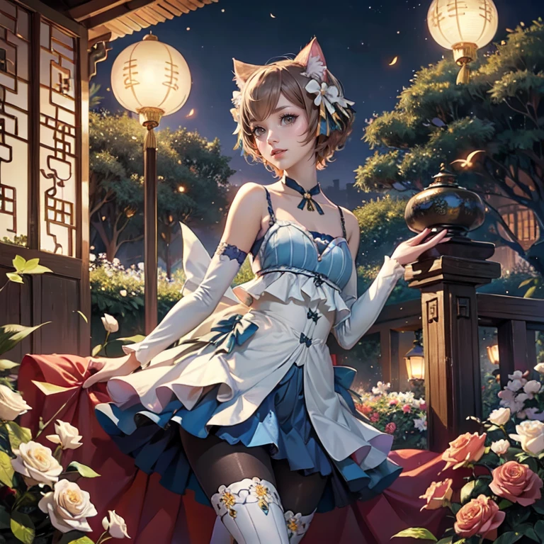 1girl, white roses, ornament hair, cat ears, roses on her hair, open jacket, short shirt, cropped, short skirt, light brown hair, short hair, seat on the grass, garden scene, maid clothes, gold lantern, blue dress, more details on her clothes, golden details, night, smiling, chinese style, solo, alone, crystal, curtains, full moon on the sky, laces, frills, sparkles, fireflies, seat on the grass, chinese architecture on the background, white roses on the floor, oriental garden scenery, solo, 1 girl