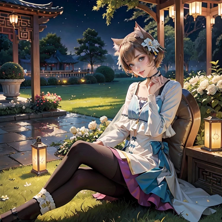 1girl, white roses, ornament hair, cat ears, roses on her hair, open jacket, short shirt, cropped, short skirt, light brown hair, short hair, seat on the grass, garden scene, maid clothes, gold lantern, blue dress, more details on her clothes, golden details, night, smiling, chinese style, solo, alone, crystal, curtains, full moon on the sky, laces, frills, sparkles, fireflies, seat on the grass, chinese architecture on the background, white roses on the floor, oriental garden scenery, solo, 1 girl