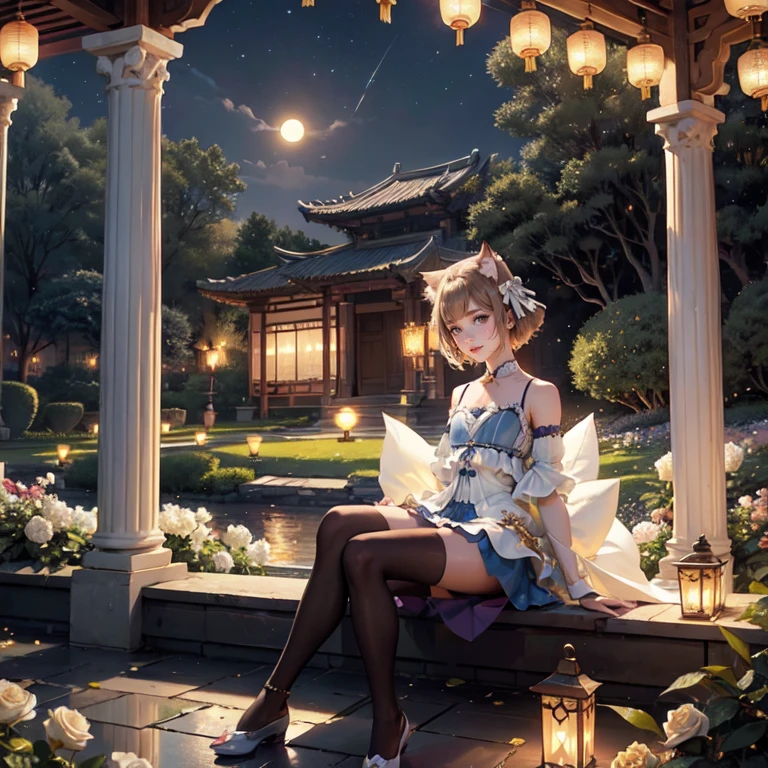 1girl, white roses, ornament hair, cat ears, roses on her hair, open jacket, short shirt, cropped, short skirt, light brown hair, short hair, seat on the grass, garden scene, maid clothes, gold lantern, blue dress, more details on her clothes, golden details, night, smiling, chinese style, solo, alone, crystal, curtains, full moon on the sky, laces, frills, sparkles, fireflies, seat on the grass, chinese architecture on the background, white roses on the floor, oriental garden scenery, solo, 1 girl