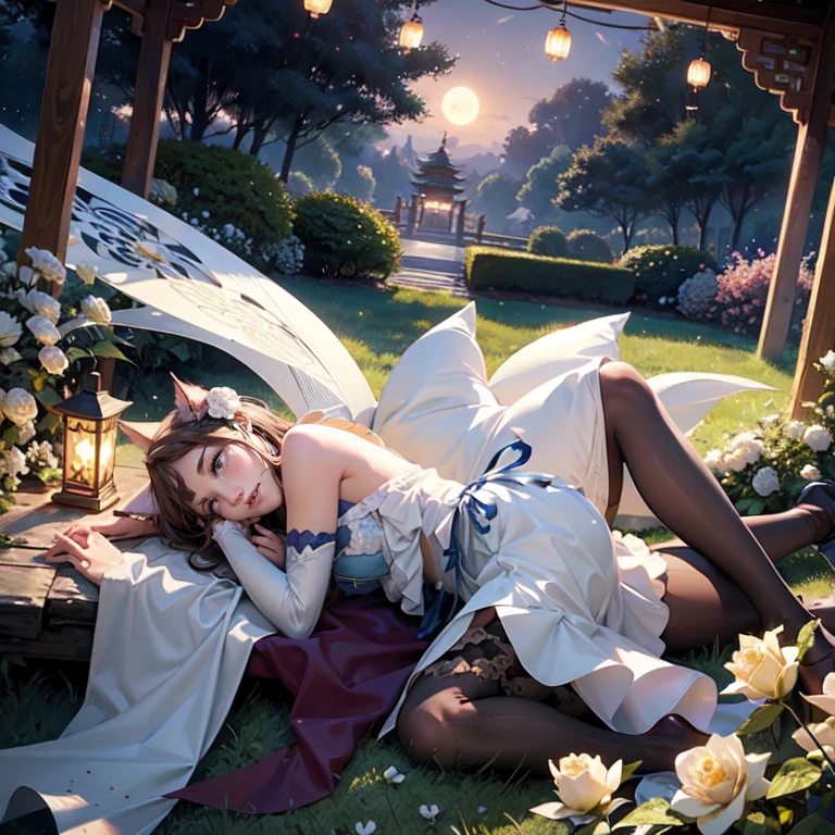 1girl, white roses, ornament hair, cat ears, roses on her hair, open jacket, short shirt, cropped, short skirt, light brown hair, short hair, seat on the grass, garden scene, maid clothes, gold lantern, blue dress, more details on her clothes, golden details, night, smiling, chinese style, solo, alone, crystal, curtains, full moon on the sky, laces, frills, sparkles, fireflies, seat on the grass, chinese architecture on the background, white roses on the floor, oriental garden scenery, solo, 1 girl