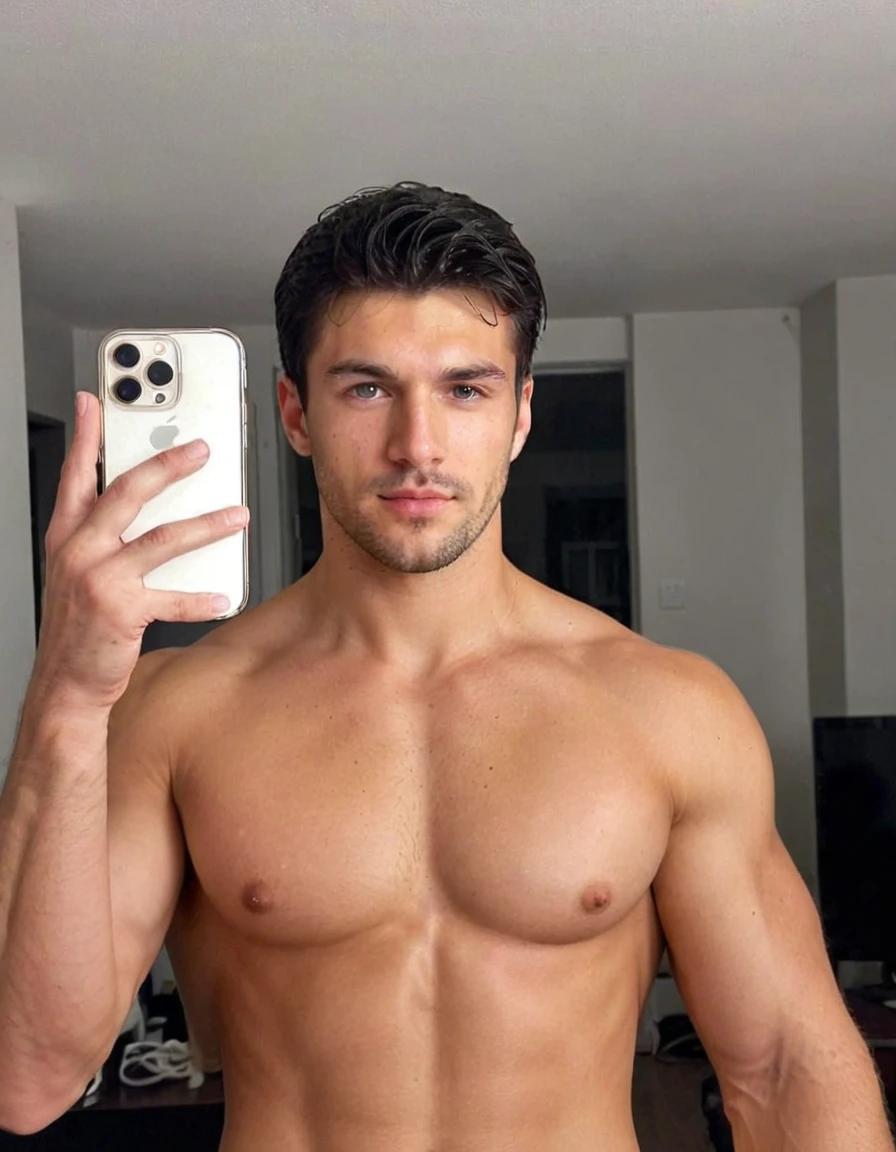 ((very grainy low resolution amateur:1.2))
 iphone mirror selfie
Muscular european guy with black hair, holding iphone pro