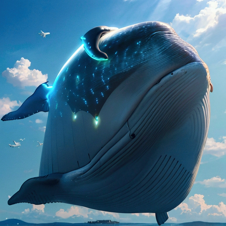 Flying Whale, mechanical whale, (glowing Whale:1.4), from side, blue sky, cinematic angle, realistic, hyper-realistic, photorealistic, (best quality,4k,8k,highres,masterpiece:1.2),ultra-detailed,(realistic,photorealistic,photo-realistic:1.37),vivid colors,dramatic lighting,