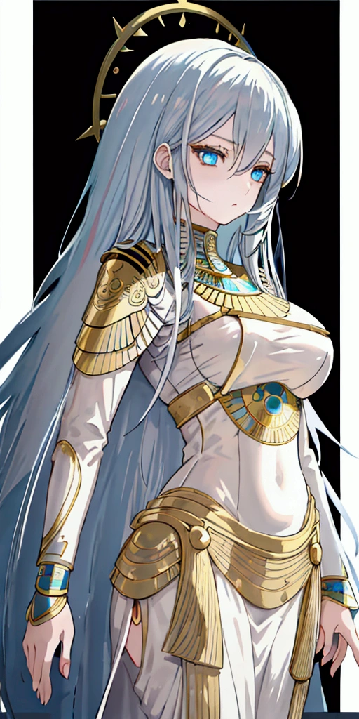 Illustravuon anime style, female character, long white hair, slanted light blue eyes, dark complexion, serious expression, mature body, beautiful mature and feminine face, ancient Egyptian dark coloured clothing, Egyptian ornaments