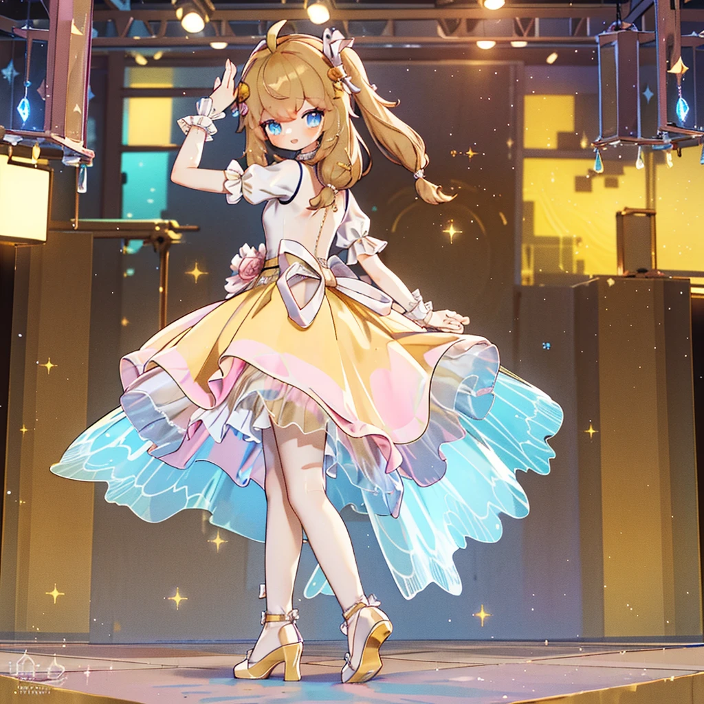 Solo, 1 girl, comical, kawaii, Blue eyes, light brown hair, long twintails, (princess dress), ((yellow princess dress 1.5)), open mouth smile, from back, mid shot, dance at the stage, neon and led lights, posing, sexy, high-resolution image, masterpiece, high quality, attractive eyes
