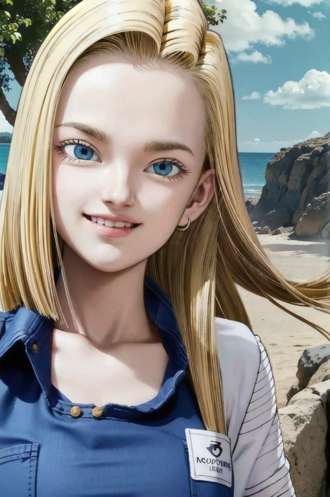 android 18,blonde hair, Long Straight hair, blue eyes, vest, black shirt, long sleeves, denim jacket, looking at viewer, smile Face, close up portrait, outside, beach, ocean, blue sky, trees, rocks, high quality, masterpiece,  sexy body, perfect breasts, slightly torn shirt on the chest