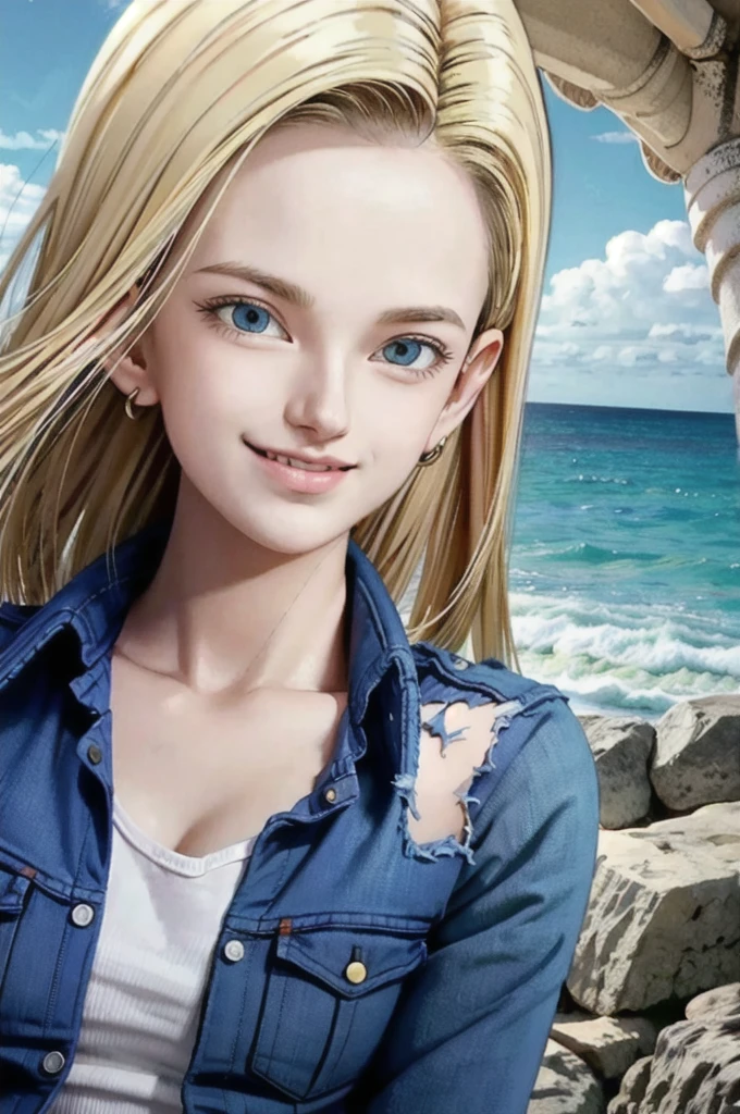 android 18,blonde hair, Long Straight hair, blue eyes, vest, black shirt, long sleeves, denim jacket, looking at viewer, smile Face, close up portrait, outside, beach, ocean, blue sky, trees, rocks, high quality, masterpiece,  sexy body, perfect breasts, slightly torn shirt on the chest