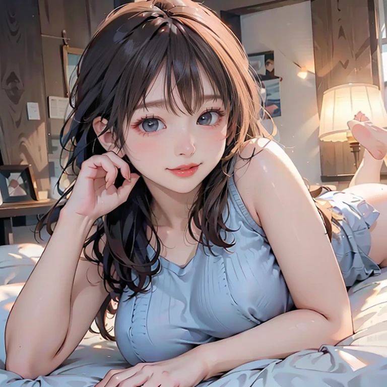 ((((highest quality)))), (((Ultra-precision CG 16K))), (((masterpiece))), (((Very detailed))), (((Extremely detailed))), (((Black outline:1.3, Written boundary depth:1.3 , Written soft outline))), Maximum clarity and sharpness,Multilayer Texture, Surface Shading, Cinematic lighting, Beautiful details sparkle ,Perfect Proportions, Limited to three woman, BREAK accurate, Anatomically correct, Highly detailed face and skin texture, drawn in detail, Highly detailed facial and skin texture, Detailed eyes, beautiful hair, Beautiful Japanese Idol face, Beautiful and beautiful eyes, Beautiful body, Beautiful breasts, Beautiful thighs, Beautiful legs, Beautiful fingers, (Beautiful views) , skinny body, ((Beautiful Skin)), ((Skin Texture)) , solo, limited one girl BREAK breast enlarged, medium Breasts, rocket breasts, (((perky breasts))), ((covered nipples)), slender waist, (smiling , narrow eyes, brown eyes, blush, determined expression, hot, sweaty , Heavy breathing,) BREAK ((streaked hair, hair intakes, colored inner hair, several hairstyles )) BREAK (((wearing oversized character printed tank top, wearing Jersey in a casual way, wearing pleats mini-skirt , breasts is covered by outfit))) , wearing earrings, BREAK ((( a woman in the bedroom, ((lying down on her back on the bed)), put her hand on her forehead, looking at viewer ))),