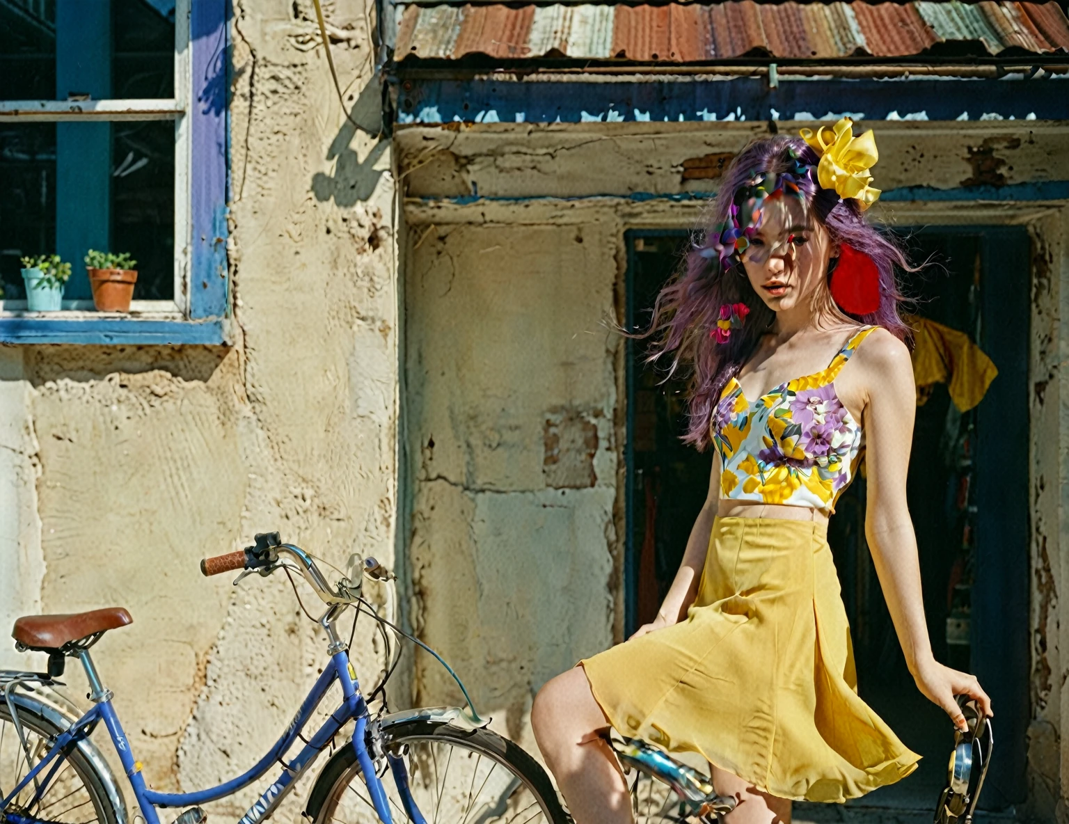 woman in yellow dress standing next to a bicycle in front of a building, photoshoot, photo studio, RAW photo, editorial photograph, film stock photograph, cinematic, posing, amateur photo, full body portrait, analog, raw, f2, 35mm, an (amateur photo), flash photography, taken on an old camera, polaroid, 8k, highly detailed, (high quality, best quality:1.3), Extremely high-resolution, film grain, very long hair, picture of a beautiful young woman, NOT dasha_taran, sfw, ((natural purple hair)), hair ornaments, ((macro lens)), natural, blue eyes, solid pupils, realistic eyes in maximum detail, feminine expressions, photography, dslr, 35mm, Fujifilm Superia Premium 400, Nikon D850 film stock photograph, Kodak Portra 400 f1.6 lens, 8k, UHD, realistic skin, well cared skin, skin pores, closed mouth, fine small lips, facial symmetry, perfectly detailed face, 
