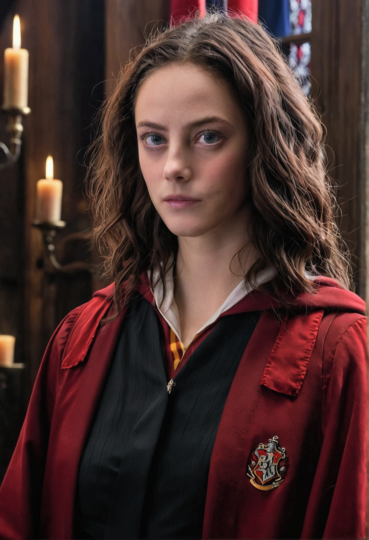 Kaya Scodelario in Harry Potter robes(((medium close-up))),1girl in,8K, Raw photography, top-quality, ​masterpiece, realisitic,Robes,wearing black wizard robes, Gryffindor, magic ,  wearing robes and neckties, hogwarts style, wearing red sorcerer's robes, High quality clothing, (Canon EOS 5D Mark IV Camera, Famous for capturing vibrant colors and rich textures:1.2)