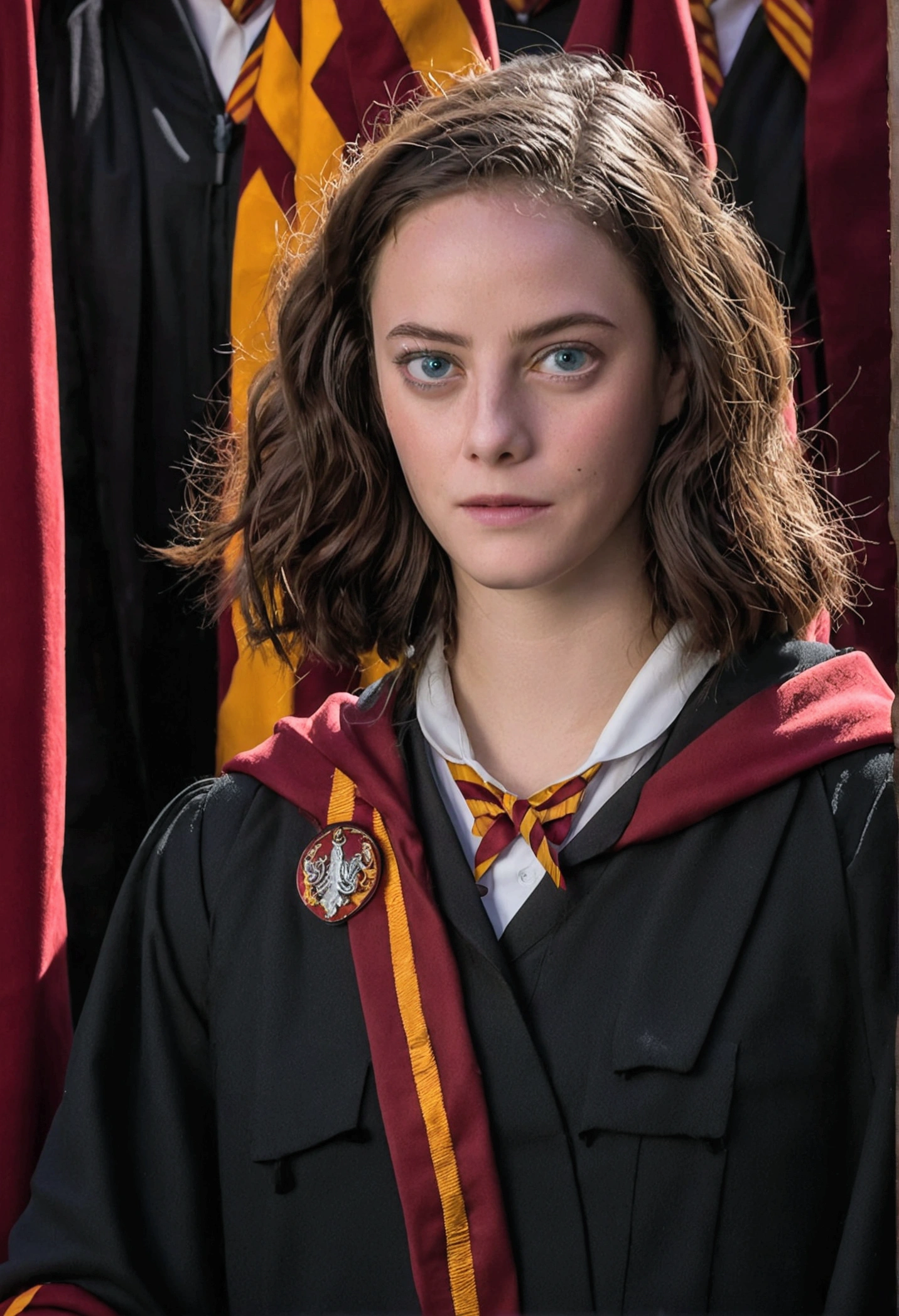 Kaya Scodelario in Harry Potter robes(((medium close-up))),1girl in,8K, Raw photography, top-quality, ​masterpiece, realisitic,Robes,wearing black wizard robes, Gryffindor, magic ,  wearing robes and neckties, hogwarts style, wearing red sorcerer's robes, High quality clothing, (Canon EOS 5D Mark IV Camera, Famous for capturing vibrant colors and rich textures:1.2)