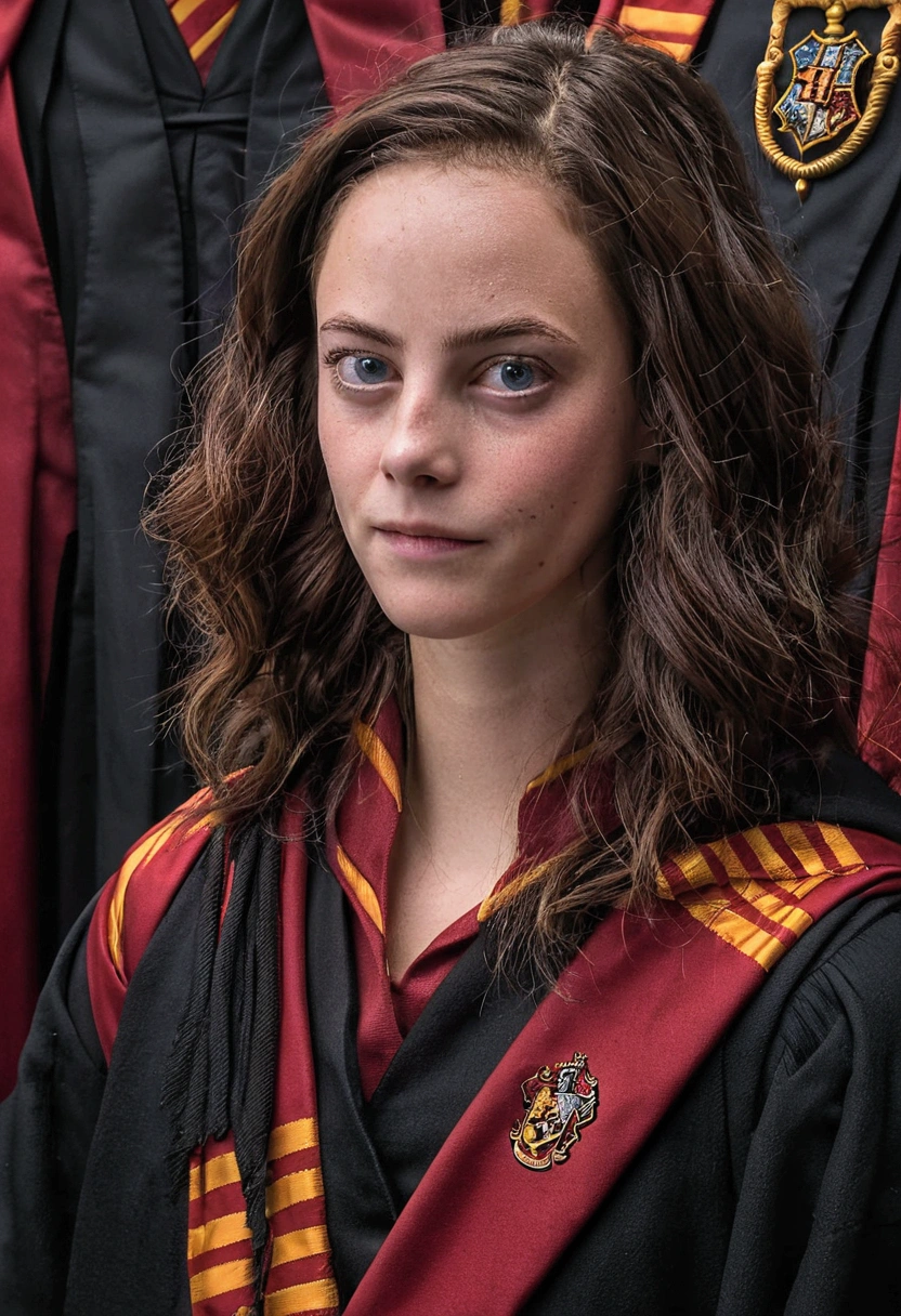 Kaya Scodelario in Harry Potter robes(((medium close-up))),1girl in,8K, Raw photography, top-quality, ​masterpiece, realisitic,Robes,wearing black wizard robes, Gryffindor, magic ,  wearing robes and neckties, hogwarts style, wearing red sorcerer's robes, High quality clothing, (Canon EOS 5D Mark IV Camera, Famous for capturing vibrant colors and rich textures:1.2)