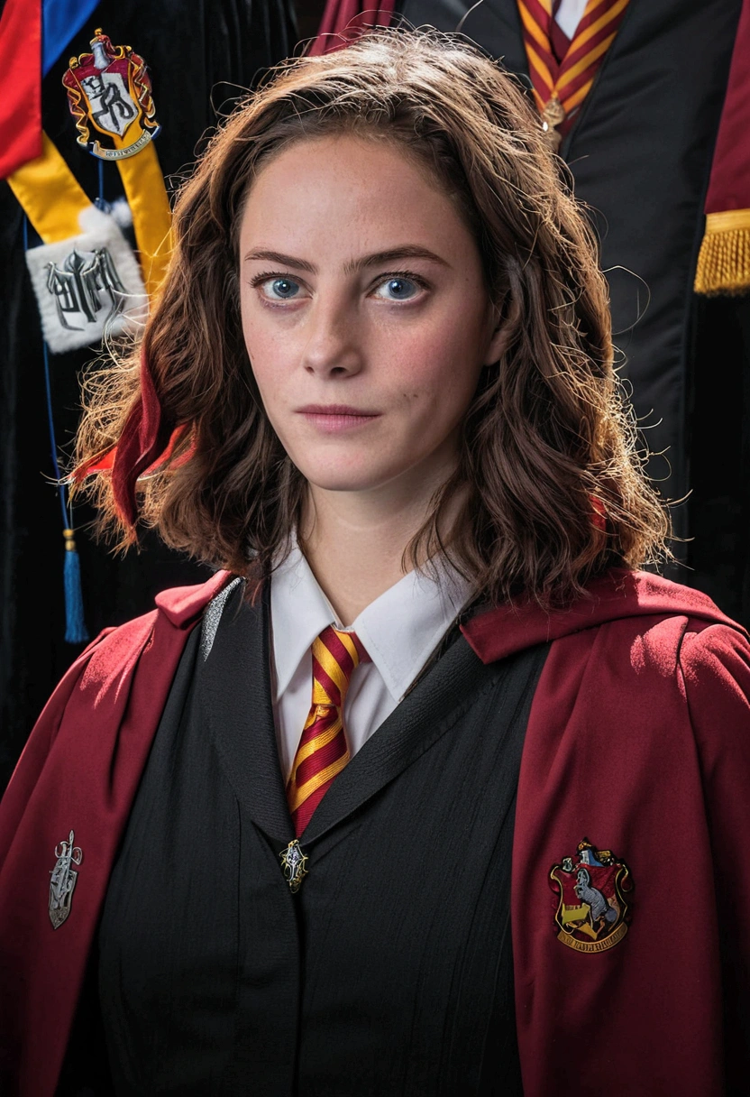 Kaya Scodelario in Harry Potter robes(((medium close-up))),1girl in,8K, Raw photography, top-quality, ​masterpiece, realisitic,Robes,wearing black wizard robes, Gryffindor, magic ,  wearing robes and neckties, hogwarts style, wearing red sorcerer's robes, High quality clothing, (Canon EOS 5D Mark IV Camera, Famous for capturing vibrant colors and rich textures:1.2)