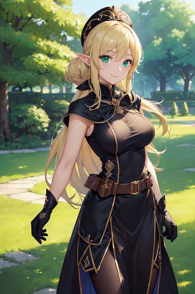 (((masterpiece; best quality: 1.2))), (finely detailed eyes: 1.3), (25 year old elf woman), (solo), (green eyes: 1.4), (body; big breasts, fit, femenine: 1.3), (silky blonde hair in low ponytail: 1.3), (beautiful and clear background: 1.2), ((depth of field)), (equipment: adventurer garb + modest + elegant pointed hat + dark blouse + dark cape + black long skirt + gloves + belt + pouches: 1.3), (anime illustration: 1.2), (background composition; royal garden: 1.1), (extremely fine and beautiful: 1.1), (shot composition; standing + centered on torso + close-up: 1.5), (expression; calm, smile: 1.2)