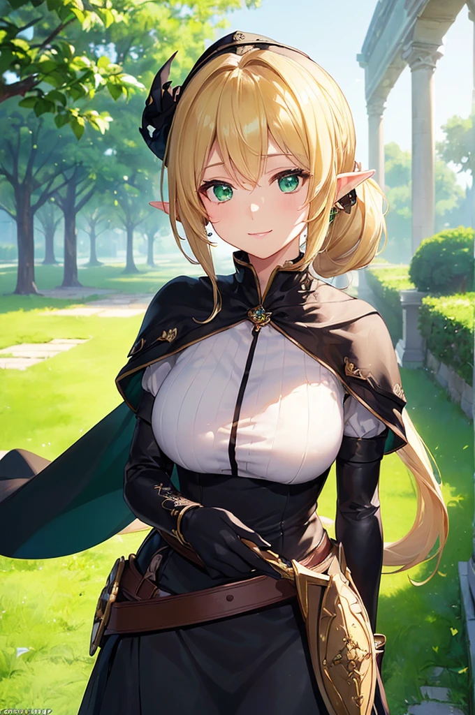 (((masterpiece; best quality: 1.2))), (finely detailed eyes: 1.3), (25 year old elf woman), (solo), (green eyes: 1.4), (body; big breasts, fit, femenine: 1.3), (silky blonde hair in low ponytail: 1.3), (beautiful and clear background: 1.2), ((depth of field)), (equipment: adventurer garb + modest + elegant pointed hat + dark blouse + dark cape + black long skirt + gloves + belt + pouches: 1.3), (anime illustration: 1.2), (background composition; royal garden: 1.1), (extremely fine and beautiful: 1.1), (shot composition; standing + centered on torso + close-up: 1.5), (expression; calm, smile: 1.2)