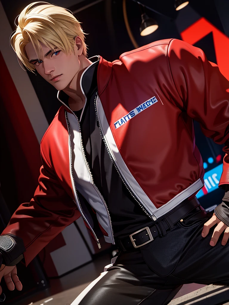 25 year old man, Alone, Alone, atletico, muscular, blond hair, red jacket, black t-shirt, black belt and black pants, black exercise gloves, annoyed look, expelling great blue power, cinematographic, ultra sharp focus, award winning photography, PERFECT CONTRAST, high sharpness, depth of field, ultra detailed photography, global illumination, fluent, ultra high definition, 8k, Unreal Engine 5, ultra sharp focus, award winning photography, art station trends