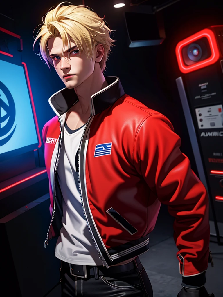 25 year old man, Alone, Alone, atletico, muscular, blond hair, red jacket, black t-shirt, black belt and black pants, black exercise gloves, annoyed look, expelling great blue power, cinematographic, ultra sharp focus, award winning photography, PERFECT CONTRAST, high sharpness, depth of field, ultra detailed photography, global illumination, fluent, ultra high definition, 8k, Unreal Engine 5, ultra sharp focus, award winning photography, art station trends