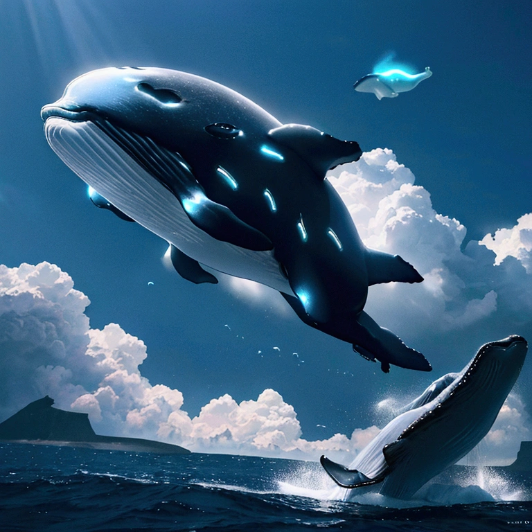 Flying Whale, mechanical whale, (glowing Whale:1.4), from side, blue sky, cinematic angle, realistic, hyper-realistic, photorealistic, (best quality,4k,8k,highres,masterpiece:1.2),ultra-detailed,(realistic,photorealistic,photo-realistic:1.37),vivid colors,dramatic lighting,