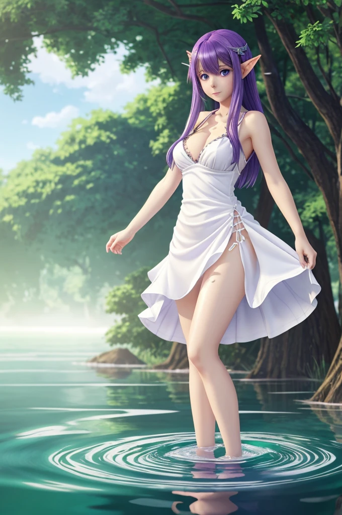 anime girl with purple hair and green eyes standing in water, an anime drawing inspired by senior character artist, pixiv, furry art, elf girl, in dress, full body portrait of a short!, succubus in tight short dress, cute anime waifu in a nice dress, in white clothes, anime full body illustration, white loincloth