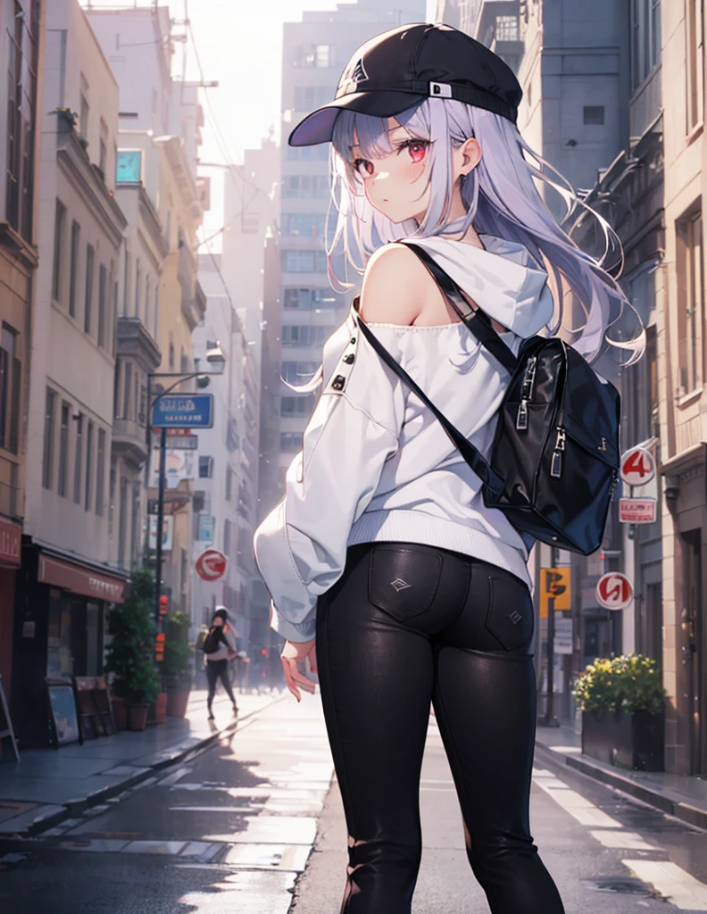 (Close-up:1.3),Realistic,highest quality, Super detailed, High-quality CG rendering, The most delicate and beautiful, Floating softly, High resolution, (1 girl), (highest quality,4K,8k,masterpiece:1.2), Light purple hair,Long Hair,Red eyes,(Pure white oversized hoodie:1.3),(Black skinny pants:1.3),(Pure white cap:1.3),In the city,old buildings,(Upper Body:1.3),(Turn your back to your audience:1.3),Ass,(Small shoulder bag:1.3)