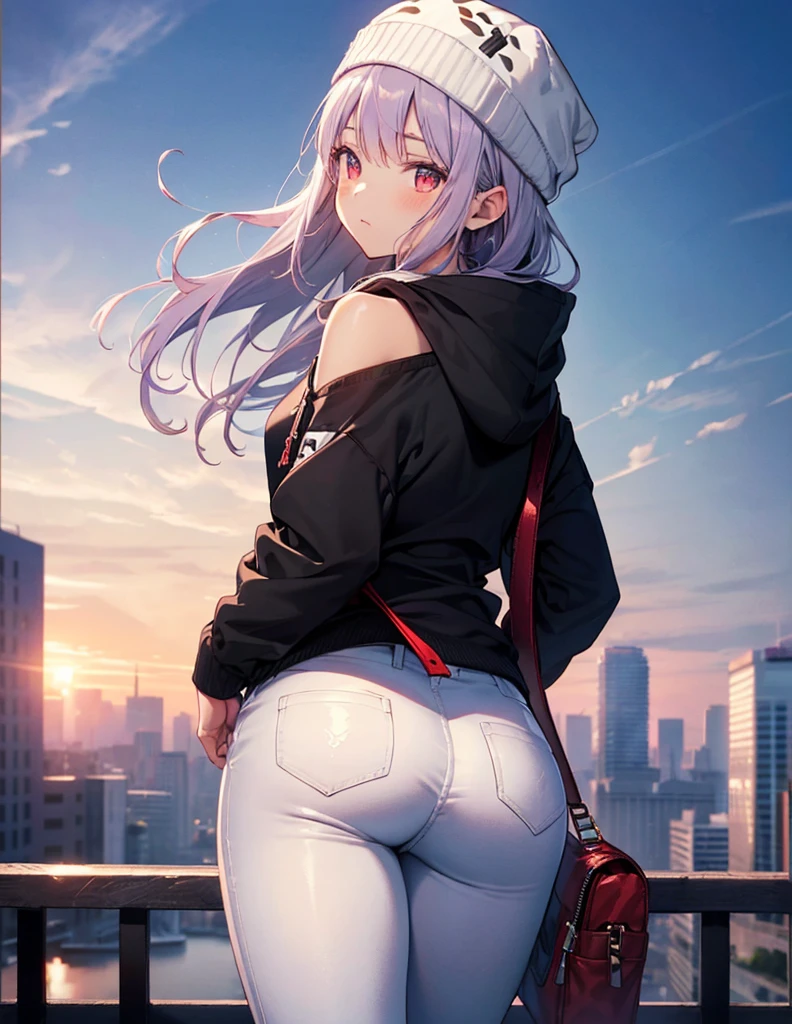 (Close-up:1.3),Realistic,highest quality, Super detailed, High-quality CG rendering, The most delicate and beautiful, Floating softly, High resolution, (1 girl), (highest quality,4K,8k,masterpiece:1.2), Light purple hair,Long Hair,Red eyes,(Pure white oversized hoodie:1.3),(Black skinny pants:1.3),(Pure white cap:1.3),In the city,old buildings,(Upper Body:1.3),(Turn your back to your audience:1.3),Ass,(Small shoulder bag:1.3)