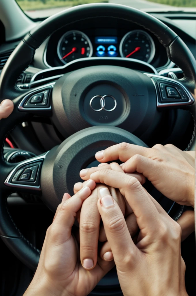 Photo of just the hands of a couple and a car dashboard in the background