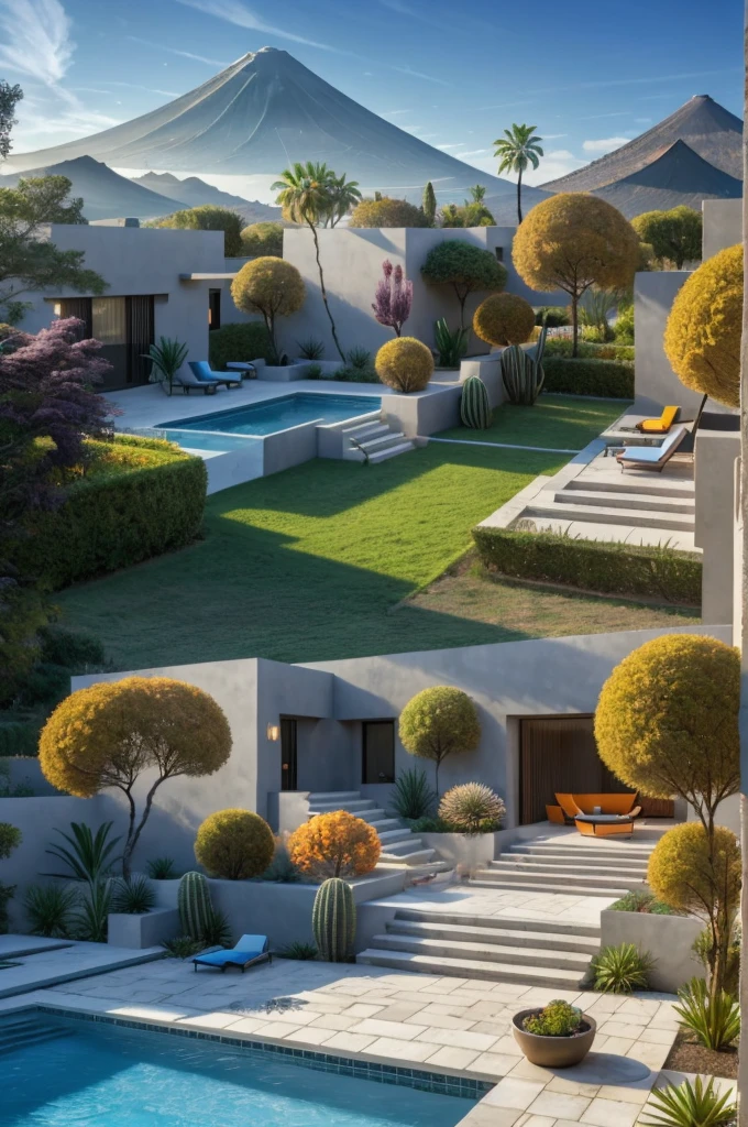 Multiple houses, brutalism style, Luis Barragán, Mountains in background, river, pool, terraces, stairs, garden terraces, trees, beautiful clouds, moon, sun, detailed, cacti, boulders, volcanic rocks, fuggy, Violet, orange, olive green, blue, magenta, amazing volcano in horizont, beautiful garden design