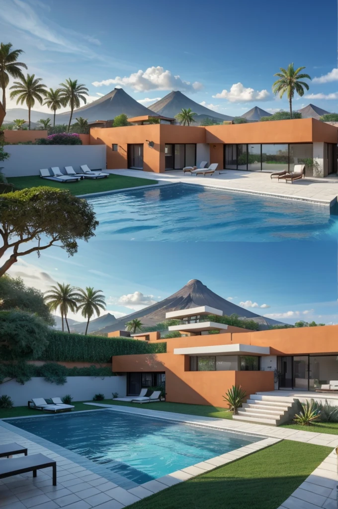 Multiple houses, brutalism style, Luis Barragán, Mountains in background, river, pool, terraces, stairs, garden terraces, trees, beautiful clouds, moon, sun, detailed, cacti, boulders, volcanic rocks, fuggy, Violet, orange, olive green, blue, magenta, amazing volcano in horizont, beautiful garden design