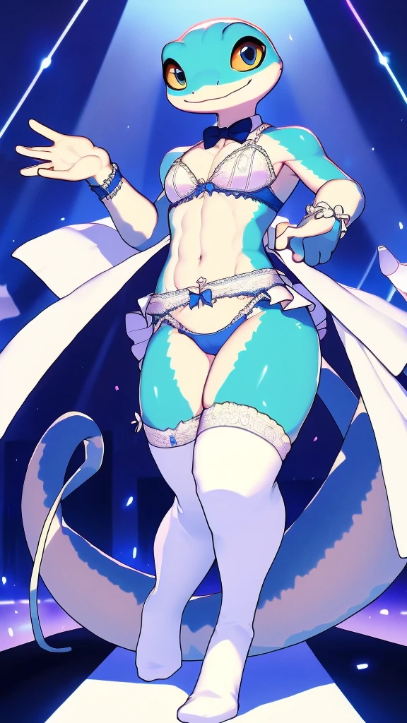 1 person、boy、Shota、gecko boy,　Slender、masterpiece、Highest quality、skyblue sexy sissy lingerie, bra、Knee-high socks、garter belt、smile、Nightclub、Full body illustration、Covering her panties with her hands、Long, thin tail