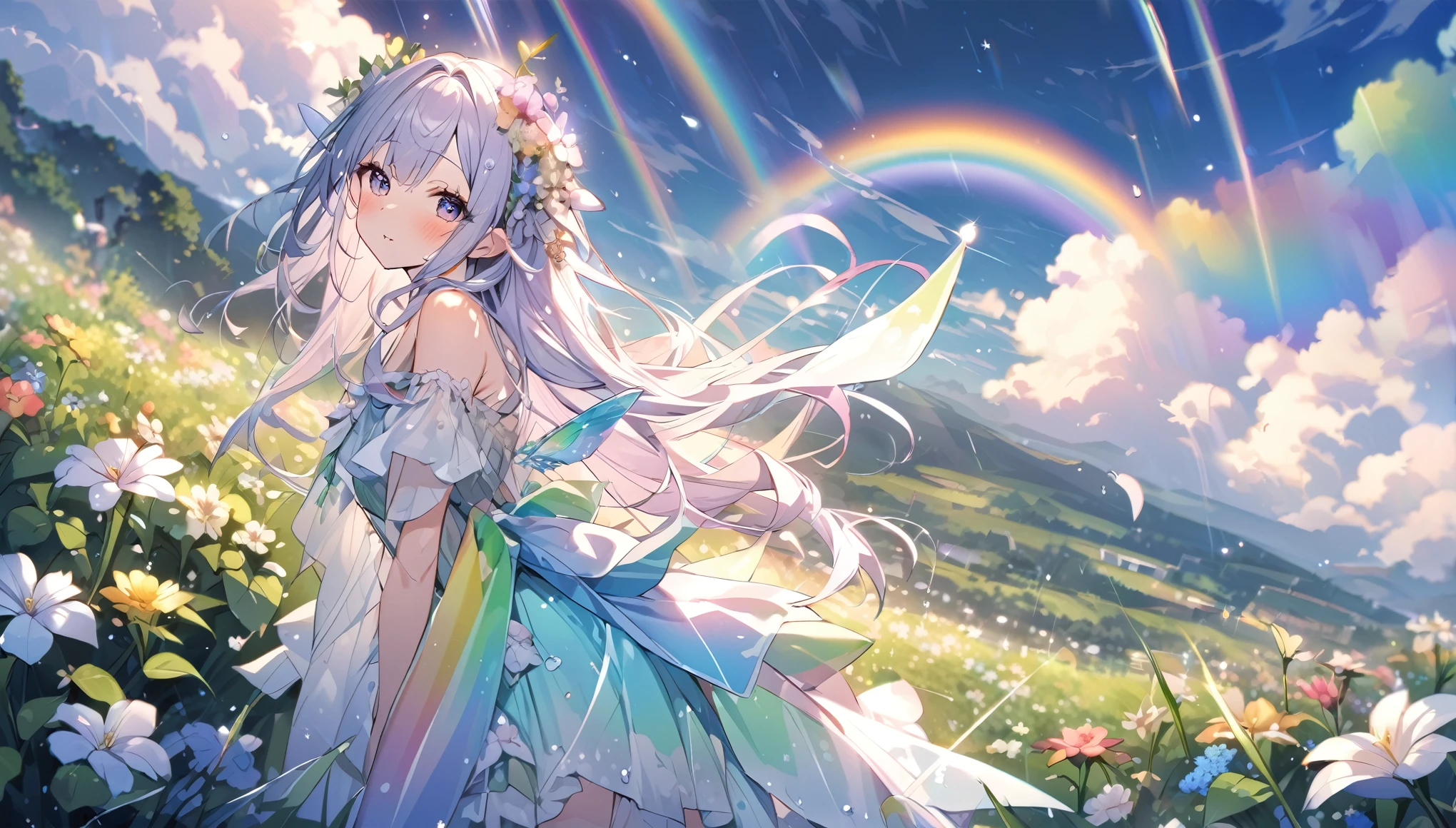 (Highest quality),rainbow fairy,after the rain,Flowers in the background