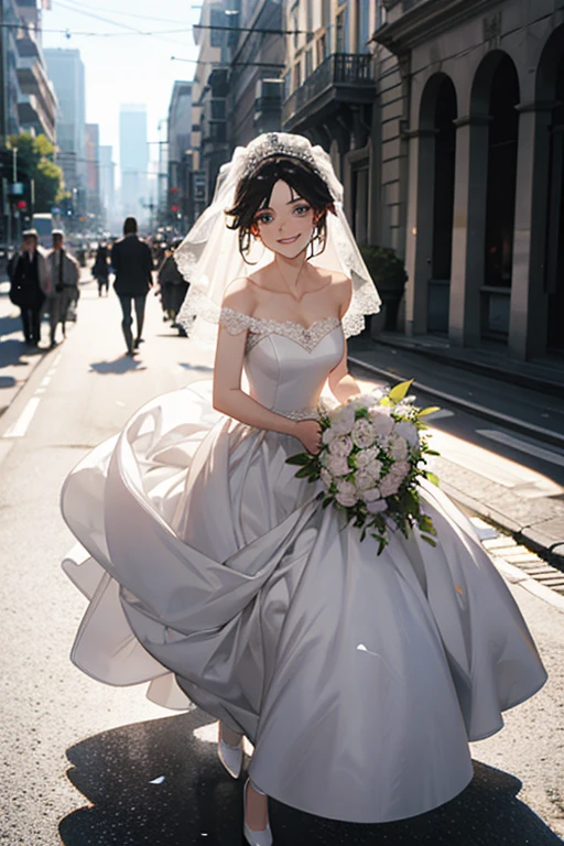 Wedding scene,The bride in a white wedding dress is walking towards me with a bouquet of flowers,Smiling slightly,Perfect face,Black Hair,Perfect face,Full body portrait