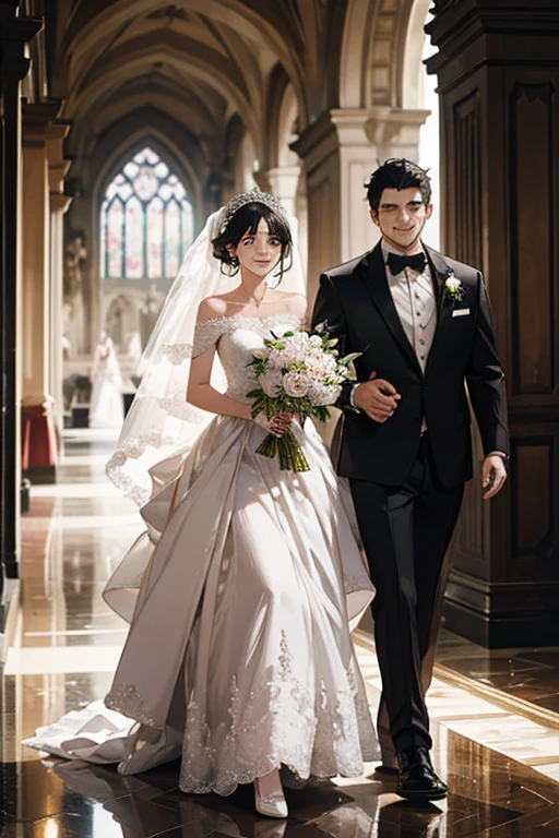 Wedding scene，The bride in a white wedding dress is walking towards me with a bouquet of flowers，Smiling slightly，Perfect face，Black Hair，Perfect face，Full body portrait