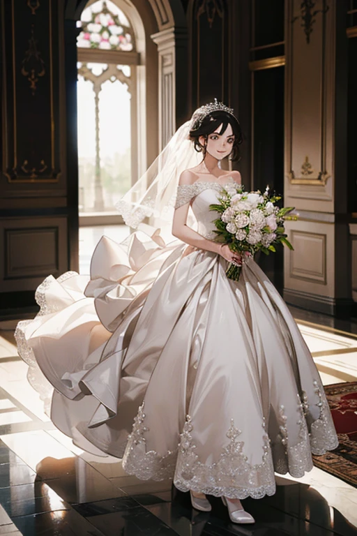Wedding scene，The bride in a white wedding dress is walking towards me with a bouquet of flowers，Smiling slightly，Perfect face，Black Hair，Perfect face，Full body portrait
