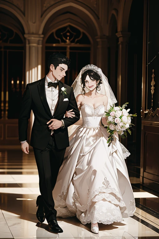 Wedding scene，The bride in a white wedding dress is walking towards me with a bouquet of flowers，Smiling slightly，Perfect face，Black Hair，Perfect face，Full body portrait