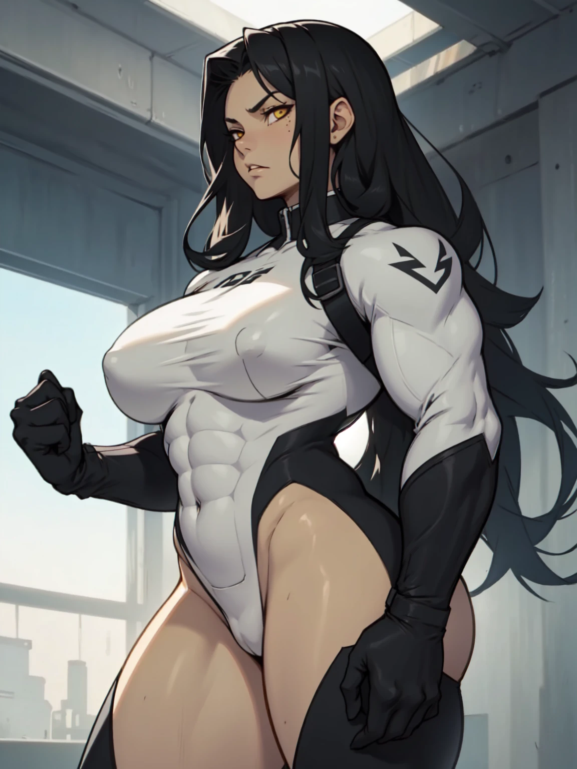 sad solo standing skintight ((muscular girl)) toned body massive breasts yellow eyes black hair pale skin thick very long hair very long hair