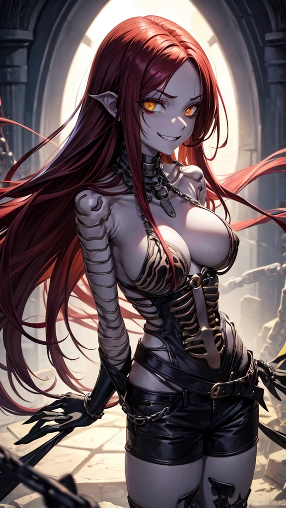 skeleton girl, long red hair with black highlights, yellow eyes, reptile pupil, chains, naked, no clothes on her breasts, shorts, bones, friendly smile, very large bust, large breasts, cold look of contempt and superiority, body complete.