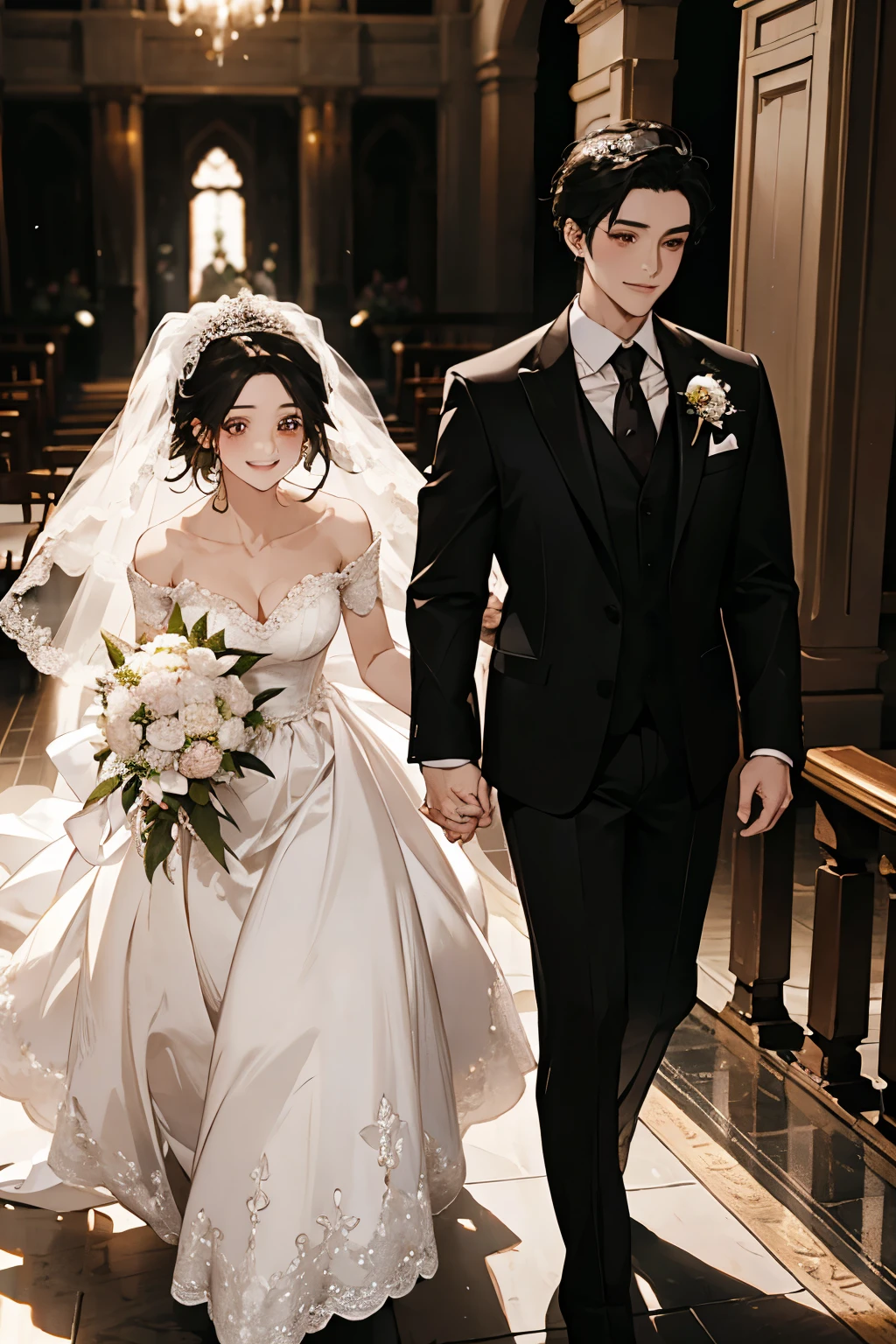 Wedding scene，The bride in a white wedding dress is walking towards me with a bouquet of flowers，Smiling slightly，Perfect face，Black Hair，Perfect face，Full body portrait