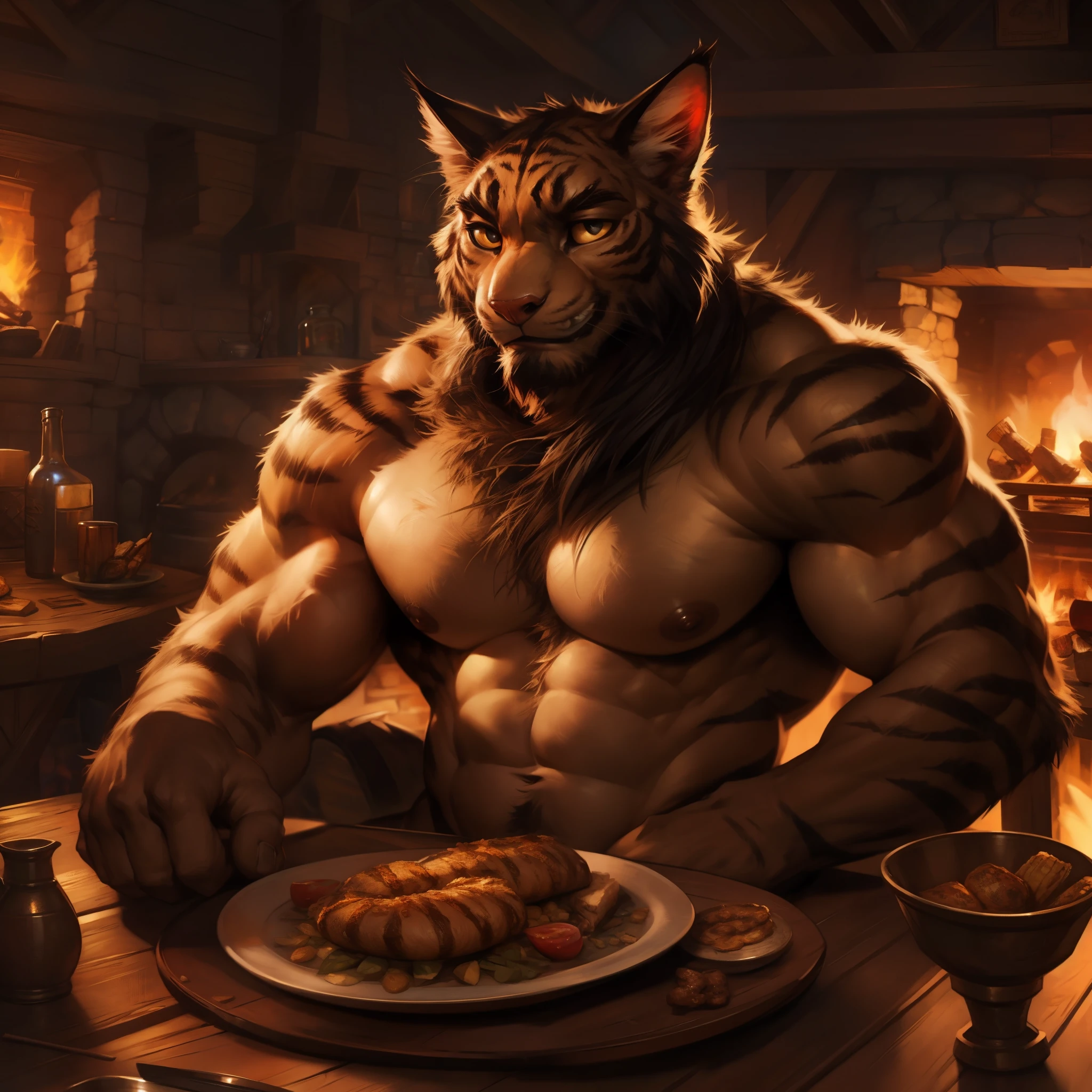Skyrim, tavern, solo, single figure, fireplace, warm lighting, khajiit, male, muscular, detailed eyes, shirtless, seated, food on table, smiling, by darkgem,
