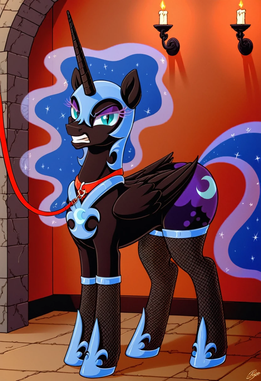 Pony angry nightmare moon in in fishnet tights b locked in a dungeon walks on a leash